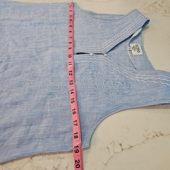 Hiho Blue Linen Sleeveless Tunic Top Small Scalloped V-Neck Coastal Resort - Picture 6 of 8